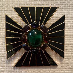 Rare Vintage Signed Ciner Jewels of India Black Enamel Cross w/ Cabachons & Gold